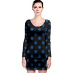 Polka Dots - Dark Cerulean on Black Long Sleeve Bodycon Dress