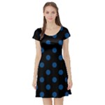Polka Dots - Dark Cerulean on Black Short Sleeve Skater Dress