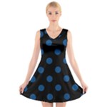 Polka Dots - Dark Cerulean on Black V-Neck Sleeveless Dress