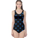 Polka Dots - Dark Cerulean on Black One Piece Swimsuit