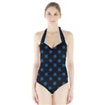 Polka Dots - Dark Cerulean on Black Women s Halter One Piece Swimsuit
