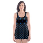 Polka Dots - Dark Cerulean on Black Skater Dress Swimsuit