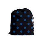 Polka Dots - Dark Cerulean on Black Drawstring Pouch (L)