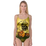 Halloween, Funny Pumpkins And Skull With Spider Camisole Leotard 