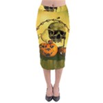 Halloween, Funny Pumpkins And Skull With Spider Midi Pencil Skirt