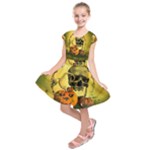 Halloween, Funny Pumpkins And Skull With Spider Kids  Short Sleeve Dress