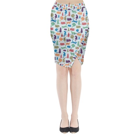 Blue Colorful Cats Silhouettes Pattern Midi Wrap Pencil Skirt from ArtsNow.com