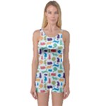 Blue Colorful Cats Silhouettes Pattern One Piece Boyleg Swimsuit