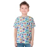 Blue Colorful Cats Silhouettes Pattern Kids  Cotton Tee