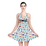 Blue Colorful Cats Silhouettes Pattern Reversible Skater Dress