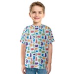 Blue Colorful Cats Silhouettes Pattern Kids  Sport Mesh Tee