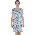 Blue Colorful Cats Silhouettes Pattern Short Sleeve Nightdress