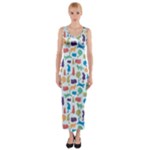 Blue Colorful Cats Silhouettes Pattern Fitted Maxi Dress