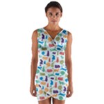 Blue Colorful Cats Silhouettes Pattern Wrap Front Bodycon Dress