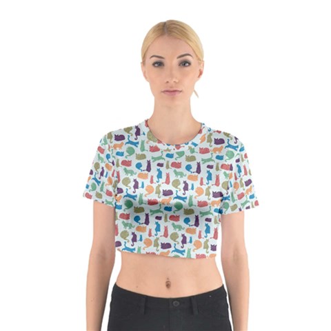 Blue Colorful Cats Silhouettes Pattern Cotton Crop Top from ArtsNow.com