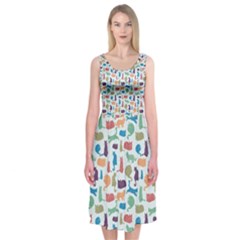 Blue Colorful Cats Silhouettes Pattern Midi Sleeveless Dress from ArtsNow.com