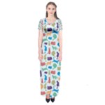 Blue Colorful Cats Silhouettes Pattern Short Sleeve Maxi Dress