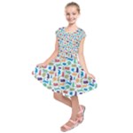 Blue Colorful Cats Silhouettes Pattern Kids  Short Sleeve Dress