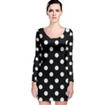 Polka Dots - Pastel Blue on Black Long Sleeve Velvet Bodycon Dress