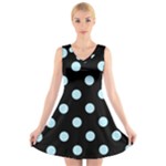 Polka Dots - Light Blue on Black V-Neck Sleeveless Dress