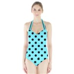 Polka Dots - Black on Electric Blue Women s Halter One Piece Swimsuit