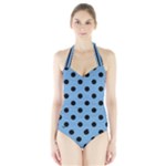 Polka Dots - Black on Iceberg Blue Women s Halter One Piece Swimsuit