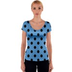 Polka Dots - Black on Steel Blue Women s V-Neck Cap Sleeve Top