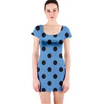 Polka Dots - Black on Steel Blue Short Sleeve Bodycon Dress