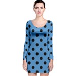 Polka Dots - Black on Steel Blue Long Sleeve Velvet Bodycon Dress