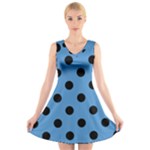 Polka Dots - Black on Steel Blue V-Neck Sleeveless Dress