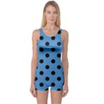 Polka Dots - Black on Steel Blue One Piece Boyleg Swimsuit
