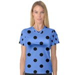 Polka Dots - Black on Cornflower Blue Women s V-Neck Sport Mesh Tee