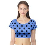 Polka Dots - Black on Cornflower Blue Short Sleeve Crop Top (Tight Fit)