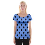 Polka Dots - Black on Cornflower Blue Women s Cap Sleeve Top