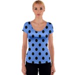 Polka Dots - Black on Cornflower Blue Women s V-Neck Cap Sleeve Top