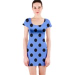 Polka Dots - Black on Cornflower Blue Short Sleeve Bodycon Dress