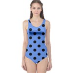 Polka Dots - Black on Cornflower Blue One Piece Swimsuit