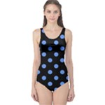 Polka Dots - Cornflower Blue on Black One Piece Swimsuit