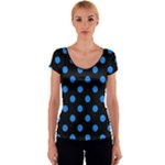 Polka Dots - Dodger Blue on Black Women s V-Neck Cap Sleeve Top