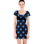Polka Dots - Dodger Blue on Black Short Sleeve Bodycon Dress