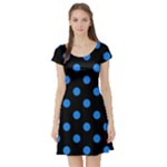 Polka Dots - Dodger Blue on Black Short Sleeve Skater Dress