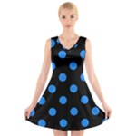 Polka Dots - Dodger Blue on Black V-Neck Sleeveless Dress