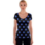 Polka Dots - Royal Blue on Black Women s V-Neck Cap Sleeve Top