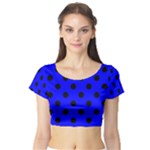 Polka Dots - Black on Blue Short Sleeve Crop Top (Tight Fit)
