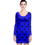 Polka Dots - Black on Blue Long Sleeve Bodycon Dress