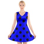 Polka Dots - Black on Blue V-Neck Sleeveless Dress