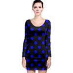 Polka Dots - Blue on Black Long Sleeve Bodycon Dress