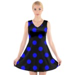 Polka Dots - Blue on Black V-Neck Sleeveless Dress