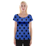 Polka Dots - Black on Cerulean Blue Women s Cap Sleeve Top
