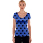 Polka Dots - Black on Cerulean Blue Women s V-Neck Cap Sleeve Top